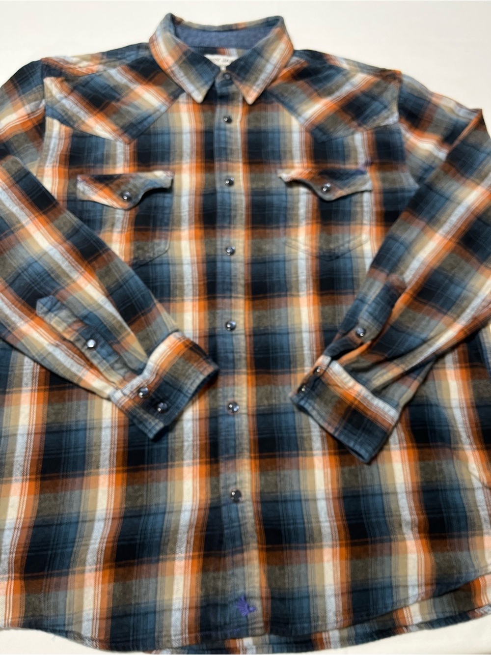 Mens Western Pearl Snap Plaid Flannel Shirt Blue Orange Cotton Medium M